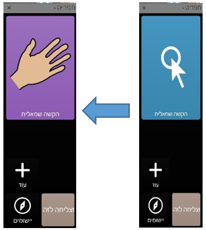 The adapted controls, with just the one enlarged button, “left click”. On the right is the original icon. On the left, the control using the hand icon, both controlling "left click" function.