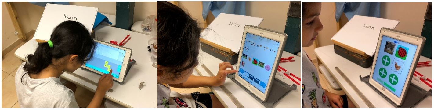 A student using IssieBoard to type search words into Google, looking for the pictures she chose among the device’s gallery photos, and creating a die in IssieDice for her activity.