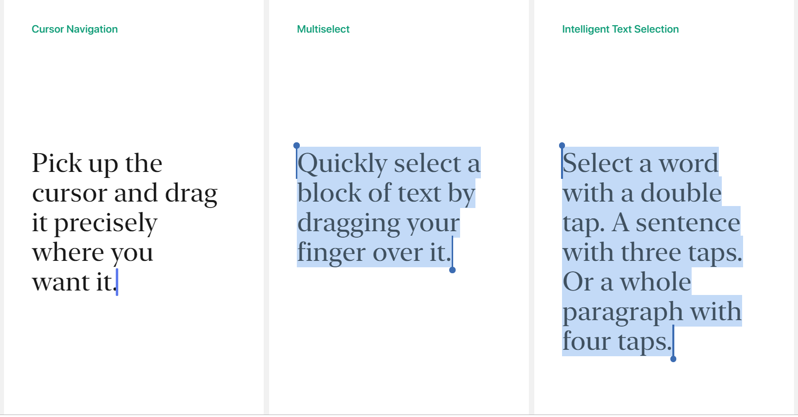 New gestures for editing text