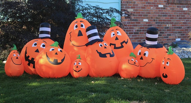 inflatable pumpkins on a lawn