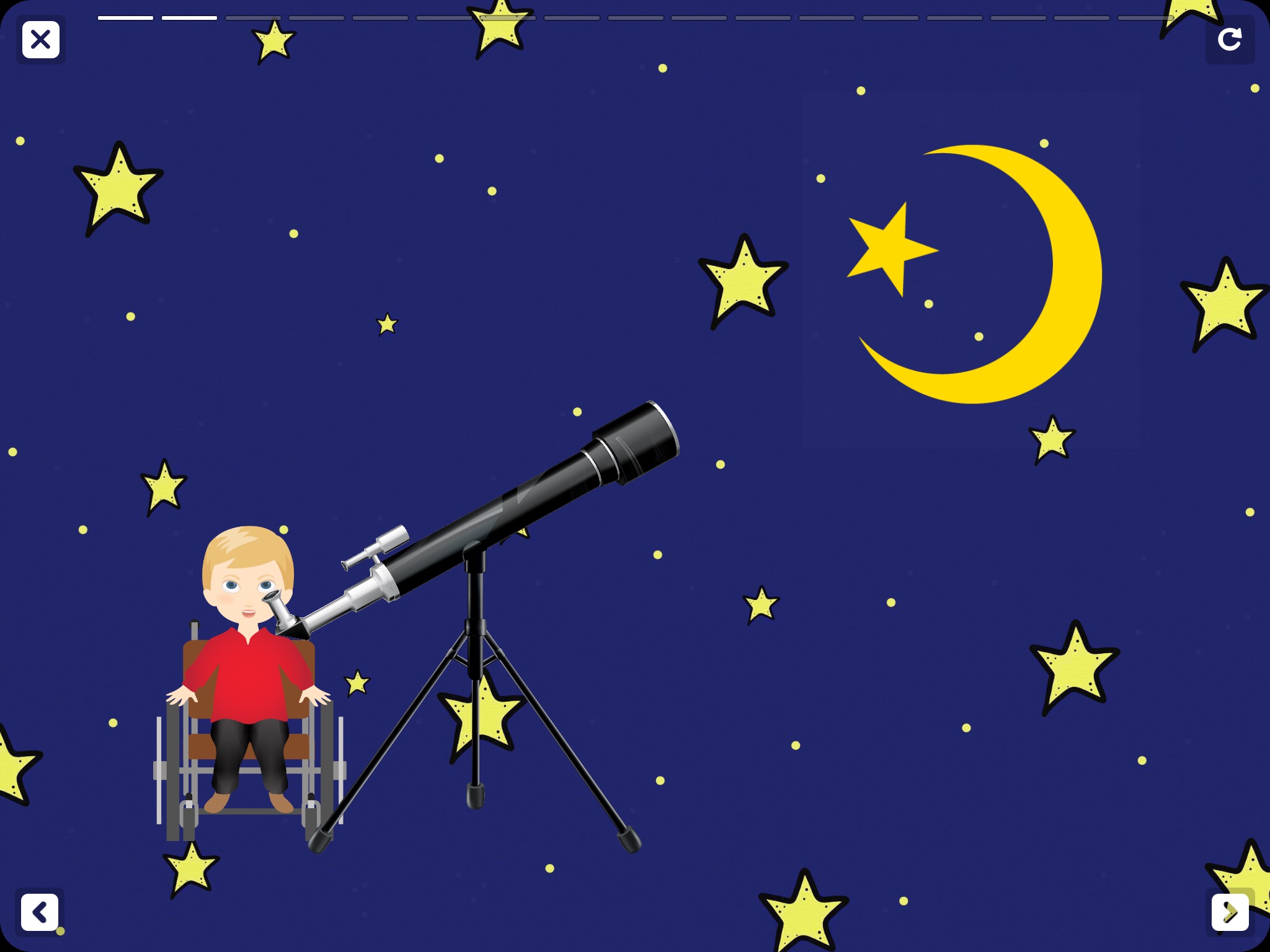 screenshot with boy looking tino telescope at the night sky