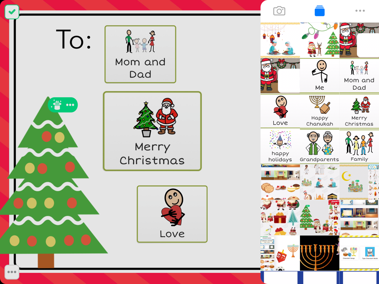 Screenshot with chrsitmas tree, symbols for "mom and dad", "Merry Christmas", and "Love"
