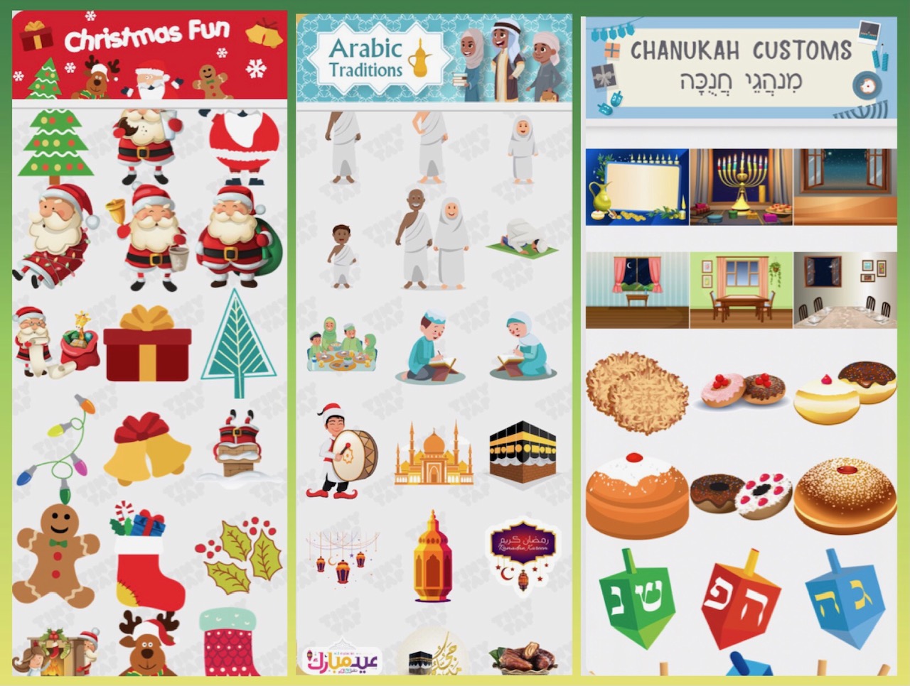 samples of holiday sticker packs in TinyTap and Ji Tap