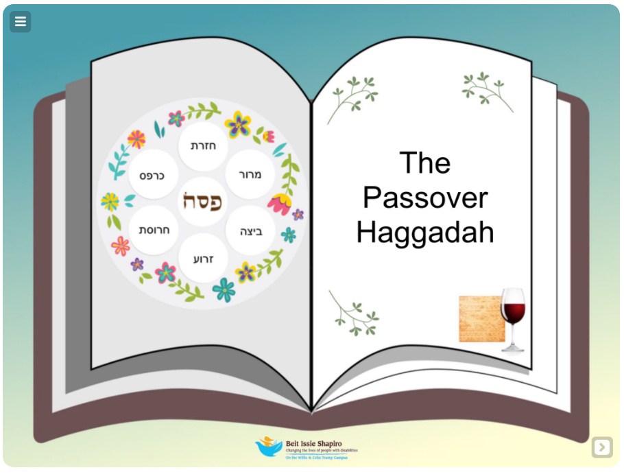 drawing of a haggadah. text on right page says "The Passover Haggadah". On left page is a drawing of the seder plate.