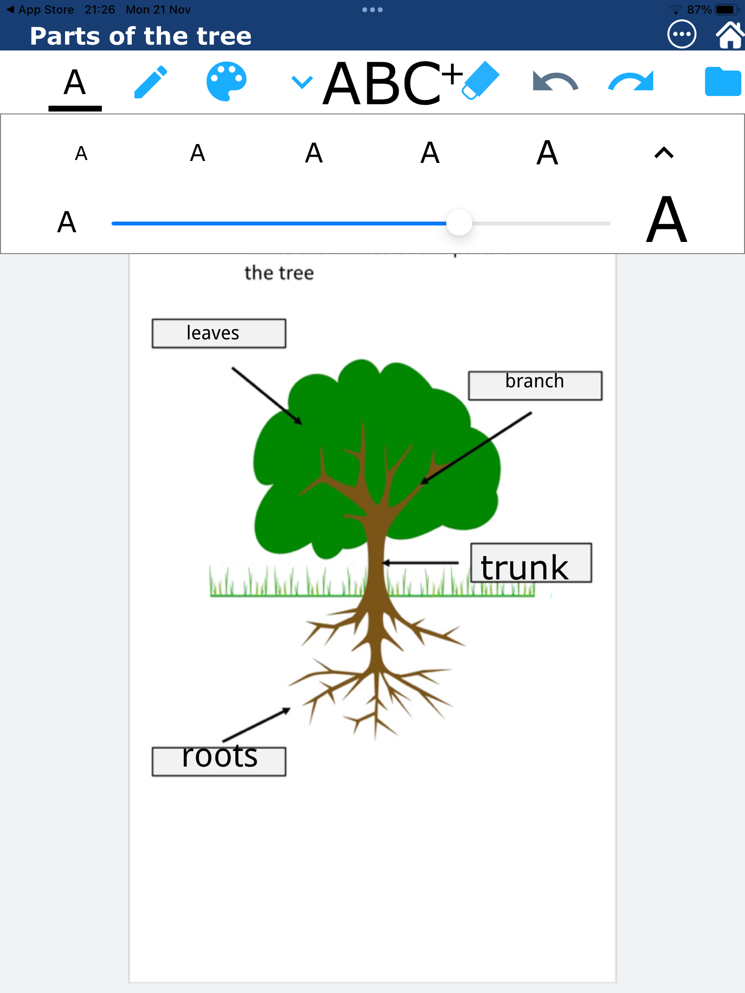 App screenshot. picture of tree with labels. Menu at top shows slider to choose text size