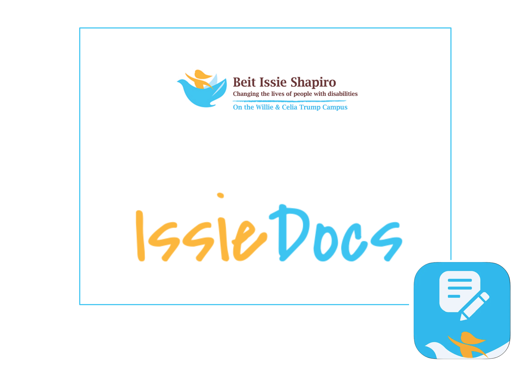 IssieDocs splashscreen with Beit Issie Shapiro logo and app icon in bottom right corner. colors yellow/orange and turquoise